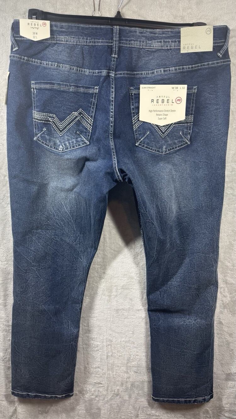 Artful Rebel NEW Jeans Mens 38x32 Blue Denim Slim Straight Leg Stretch Soft Zip